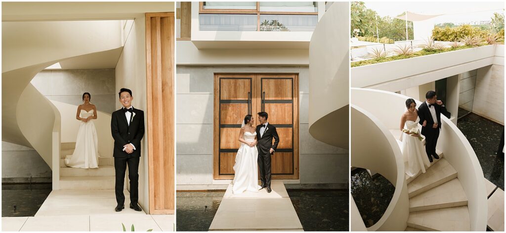 Bride and groom having their first look at their Bali wedding