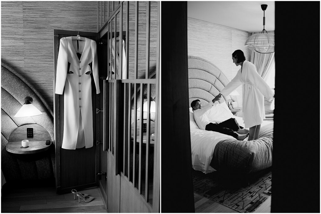 Couple getting ready for their Santa Monica Proper Hotel wedding