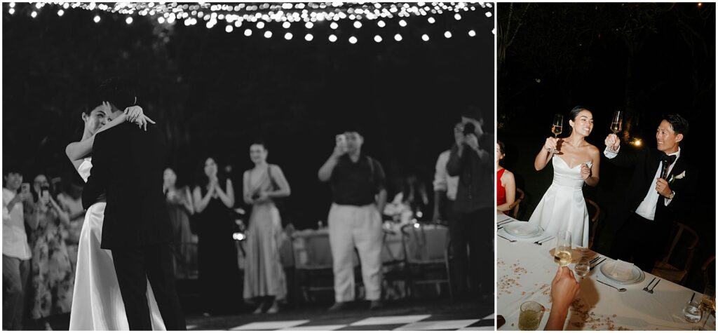 Bride and groom having their first dance and giving a toast at their Bali wedding