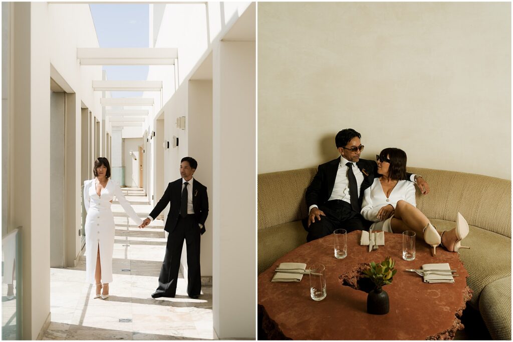 Bride and groom taking portraits at their Santa Monica Proper Hotel wedding