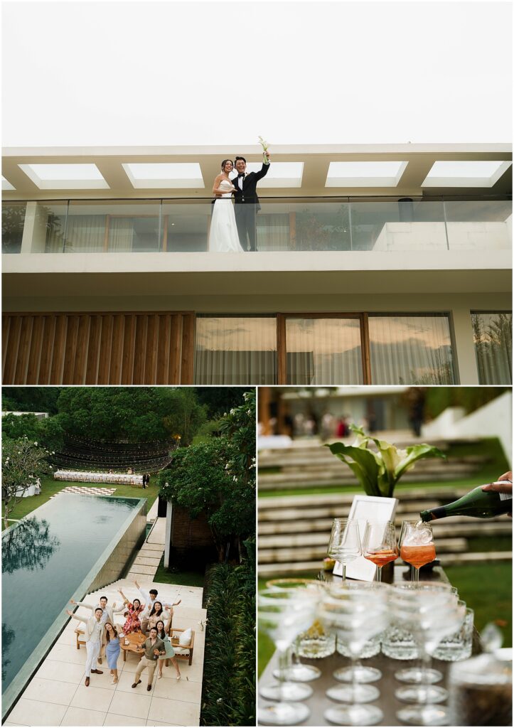 Bride and groom at cocktail hour with their guests at their destination wedding at a villa in Bali