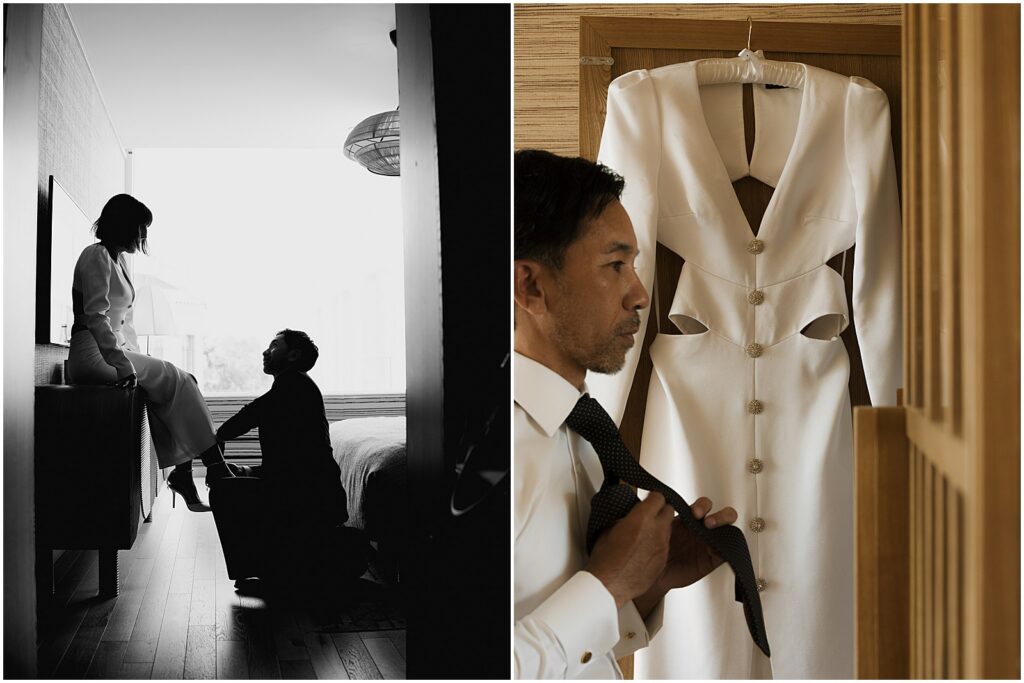 Bride and groom getting ready together for their Santa Monica Proper Hotel wedding