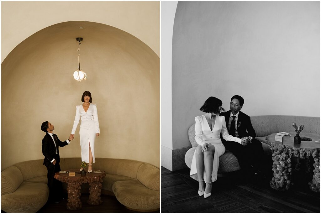 Bride and groom taking portraits at their wedding at the Santa Monica Proper hotel