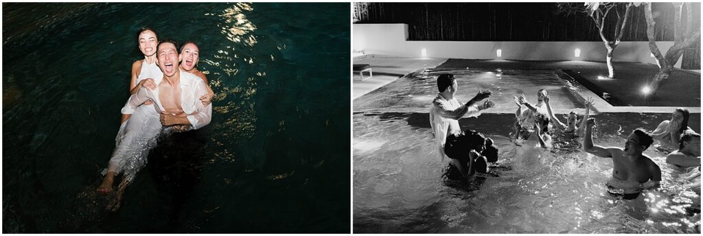 Couple with their guests in the pool at a Bali wedding at a private villa