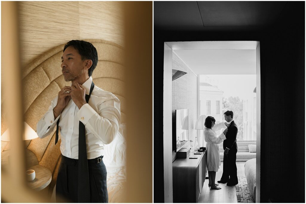 Couple getting ready together at their Santa Monica Proper Hotel wedding