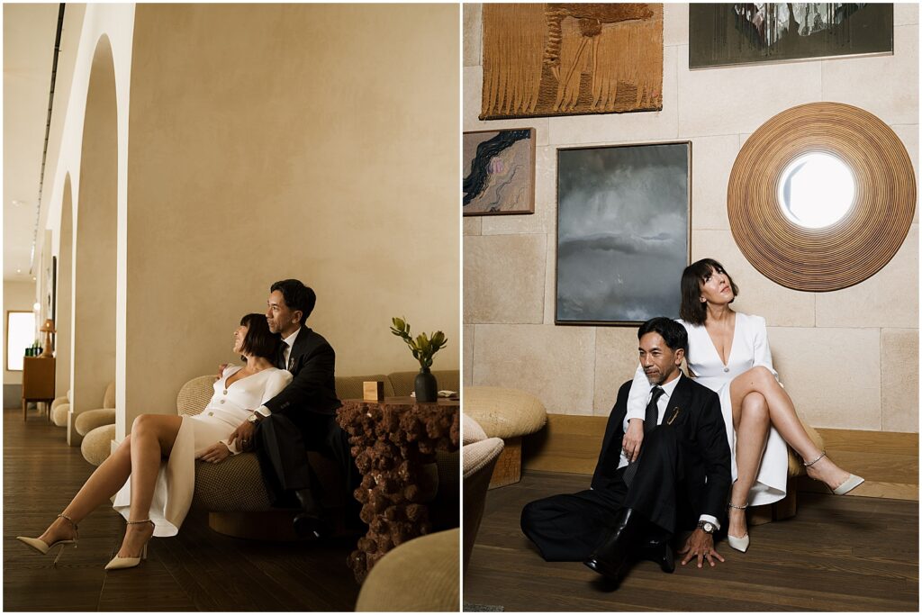 Bride and groom taking editorial portraits at their wedding at the Santa Monica Proper