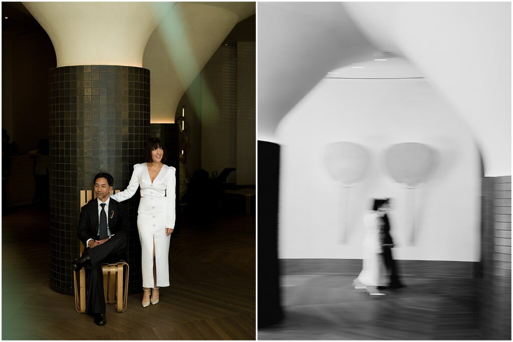 Couple taking editorial style portraits at their Santa Monica Proper wedding