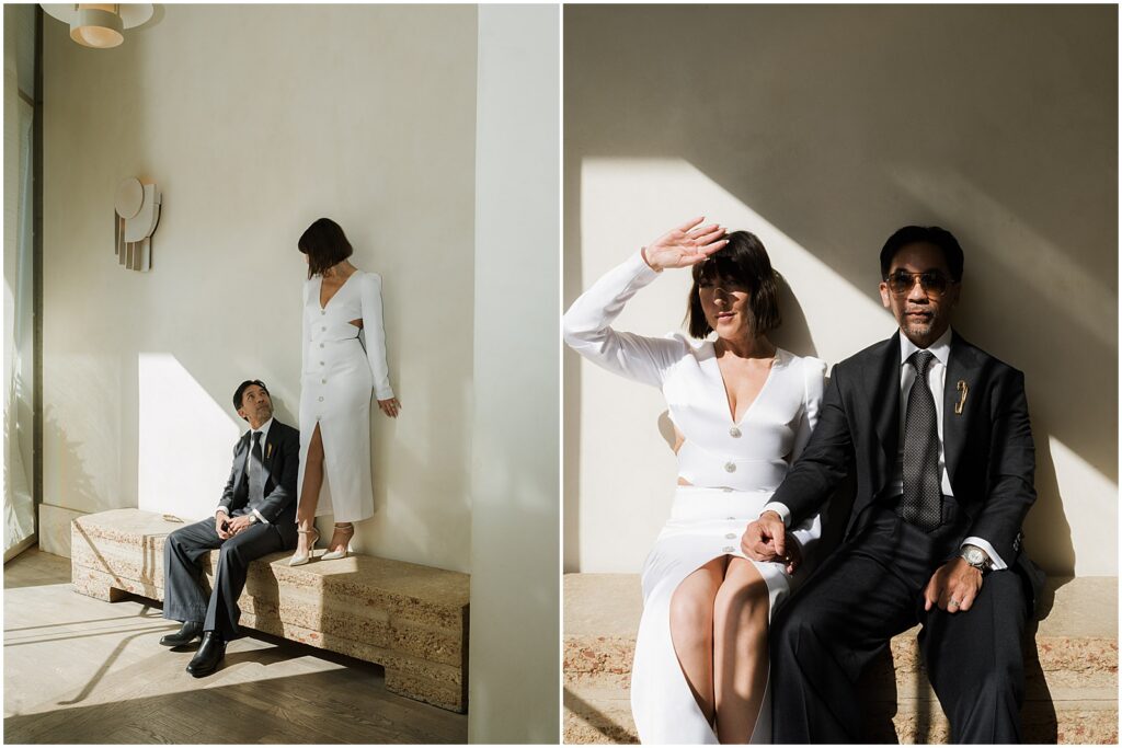 Bride and groom taking editorial portraits at their wedding at the Santa Monica Proper