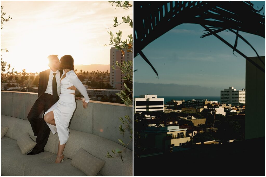 Couple taking sunset portraits at their Southern California wedding at the Santa Monica Proper